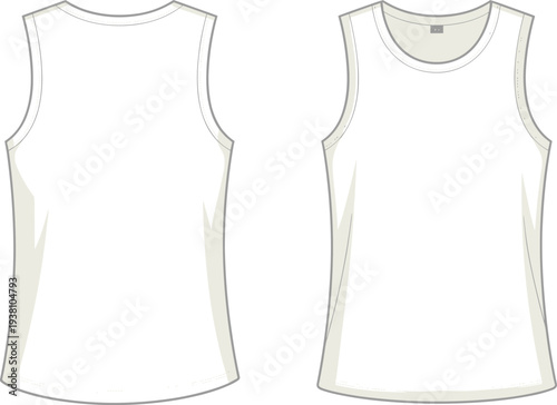Vector illustration of sleeveless tank top front and back views with round neckline, contour shading, stitching details, casual fashion garment technical drawing, and apparel design sketch