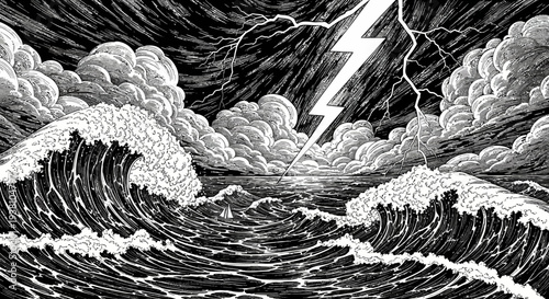 Dramatic monochrome illustration of stormy ocean waves and lightning