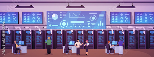 Big data control center with working people, vector flat administrators using computers and analyzing graphs on screens
