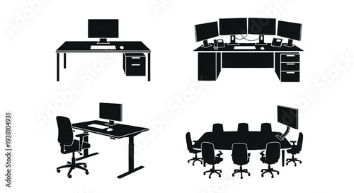 A collection of modern office workstations and desks