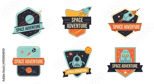 Space Adventure Badges Collection with Rockets and Astronauts.