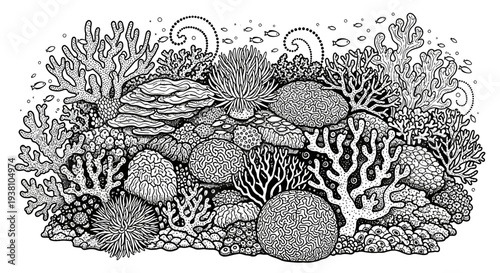 Intricate black and white illustration of detailed coral reef ecosystem
