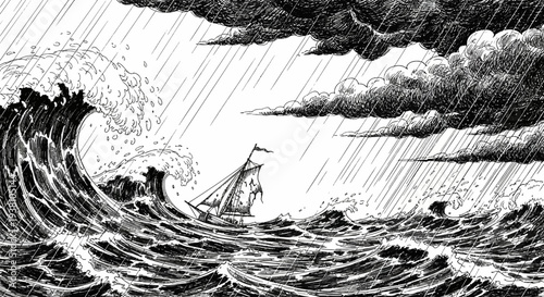 Stormy seas illustration boat navigating rough waters under rain and clouds