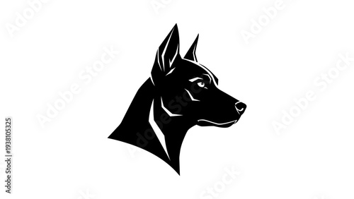 Bold silhouette of a doberman in profile on white background