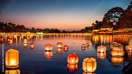 Floating lanterns illuminate water during Vesak celebration at night Generative AI