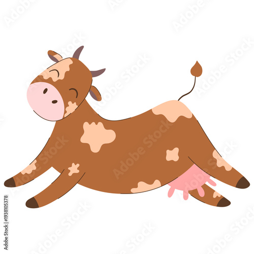 funny cartoon doodle style brown cow with spots, jumping and smiling, isolated on white. Ideal for kids illustrations, nursery design, greeting cards, social media visuals and creative storytelling