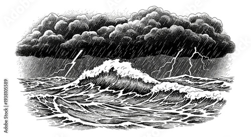 Stormy ocean illustration waves rain lightning under dark clouds