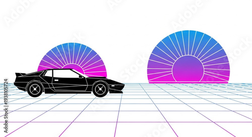 Retro sports car driving towards a vibrant sunset graphic.
