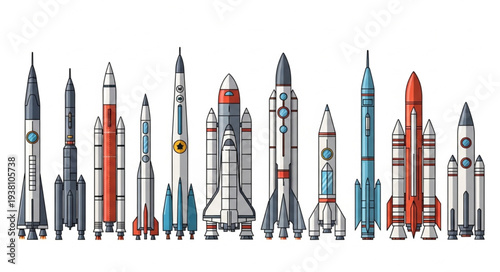 Collection of various rockets and spacecraft lined up.