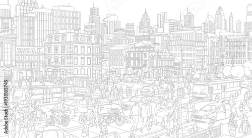 Urban scene illustration outlined cityscape with people vehicles and buildings