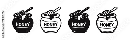 Honey Pot with Dipper and 'HONEY' Label Icon Set in Black and White Doodle Style