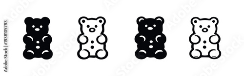 Gummy Bear Candy Icon Set for Kids and Sweets in Black and White Doodle Style