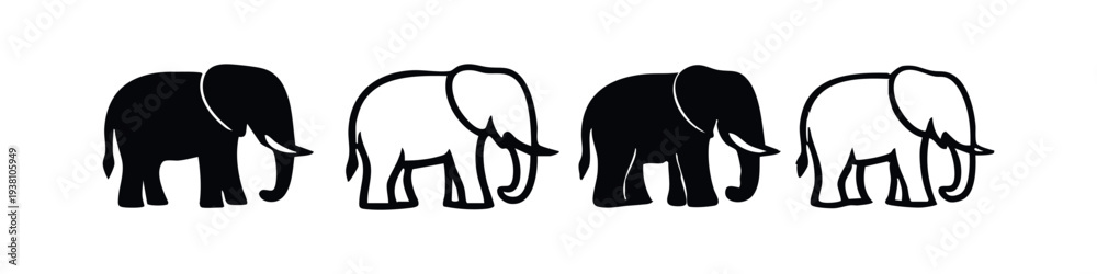 Obraz premium Elephant icon set, walking pose, black silhouettes and outlines on white background.