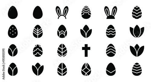 Collection of black silhouette vector icons representing various decorated easter eggs and holiday symbols