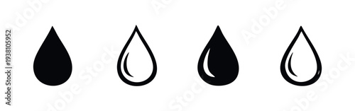 Water drop icon set, black solid shapes and outline designs with subtle reflections.
