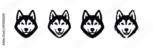 Husky Dog Head Icon Collection. Stylized Siberian Husky Faces with Textured Details. Animal Avatar Set Vector.