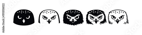 Group of stylized owl head icons with varying levels of detail and expressions on a white background