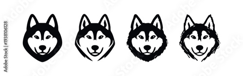 Siberian Husky Dog Head Icons Set. Cartoon Husky Face Illustrations in Different Styles. Dog Breed Logo Elements.