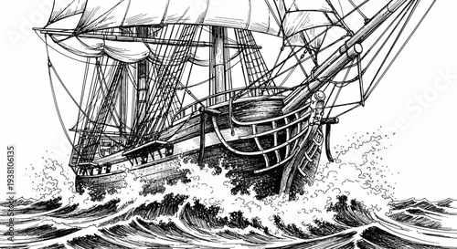 Vintage sailing ship in stormy waters illustration against white background