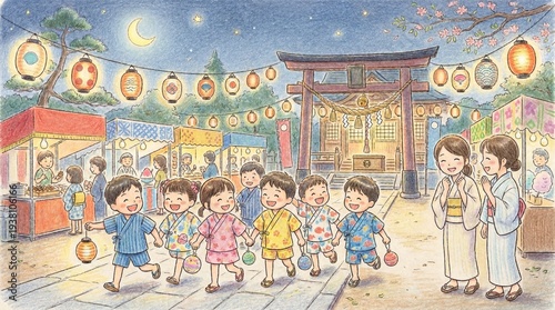 神社の夜祭りで遊ぶ浴衣姿の子どもたちと家族の手描き風イラスト