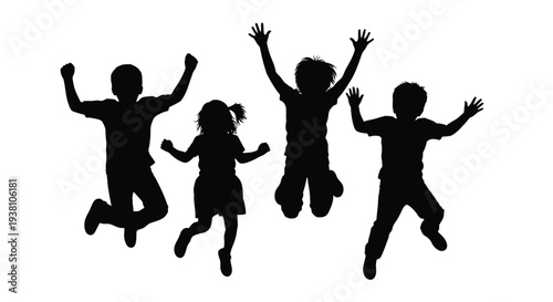 Dynamic vector illustration of four happy children silhouettes jumping and celebrating with arms raised.