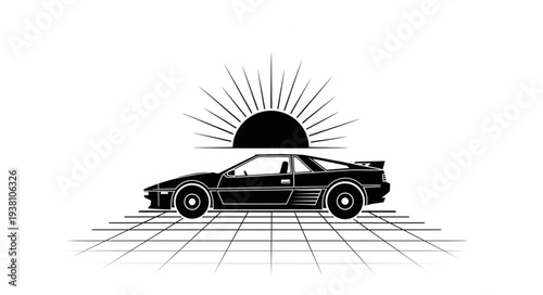 Retro Sports Car Silhouette with Stylized Sunburst and Grid.