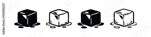 Melting Ice Cube Icons - Set of Simple Frozen Blocks in Black and White, Showing Water Drips