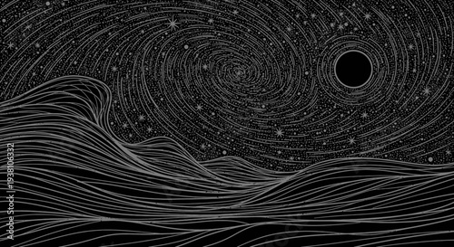 Abstract cosmic landscape illustration with swirling stars and celestial elements