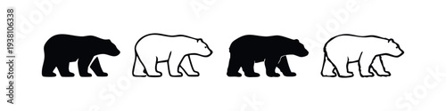 Bear Icon Set - Stylized Walking Bear Silhouettes and Outlines in Black and White, Wild Animal Graphics