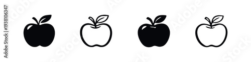 Apple fruit icon collection. Healthy diet symbol set, simple apple silhouette and outline vector designs.