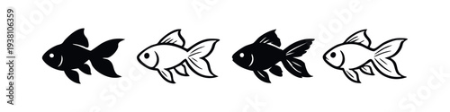 Goldfish icon set. Aquarium fish vector collection, cute aquatic animal symbols in black illustration.