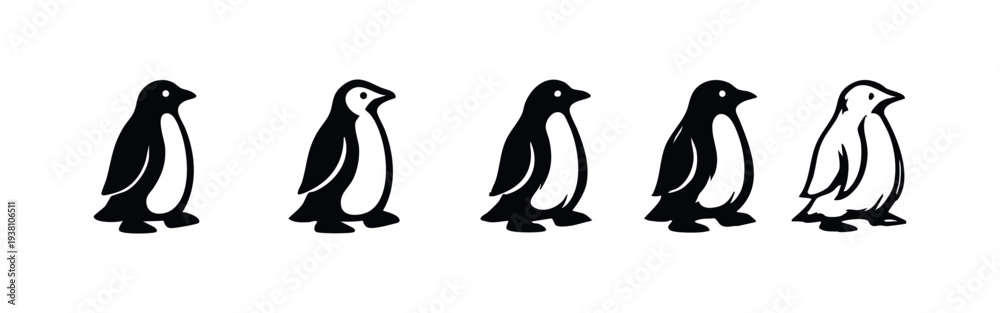 Obraz premium Hand drawn penguin icons set, arctic bird silhouette and outline illustrations.