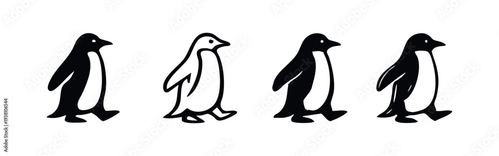 Fototapeta premium Set of Four Stylized Penguin Icons, Antarctic Bird Symbols in Black and White Outline and Solid Fill