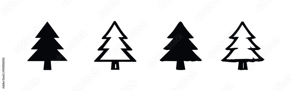 Fototapeta premium Set of Four Stylized Fir Tree Icons in Black and Outline Vector Format.