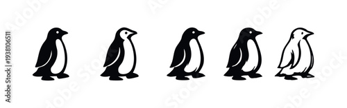 Hand drawn penguin icons set, arctic bird silhouette and outline illustrations.