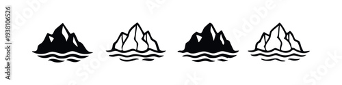 Set of Four Stylized Iceberg and Water Icons, Mountain and Waves Symbols for Cold Climates and Oceans