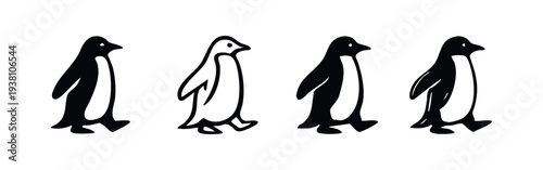 Set of Four Stylized Penguin Icons, Antarctic Bird Symbols in Black and White Outline and Solid Fill