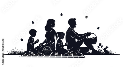 Silhouette vector graphic illustration of a happy family enjoying an outdoor Easter egg hunt celebration together