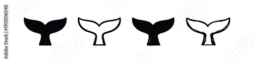 Set of Four Modern Whale and Mermaid Tail Icons, Aquatic Marine Symbols in Black and White