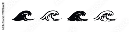 Set of Four Abstract Ocean Wave Icons, Minimalist Water Symbols in Black and White Outline and Solid