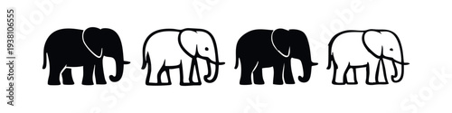 Set of Four Stylized Elephant Icons without Tusks, Simple African Wildlife Symbols in Black and White