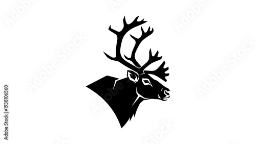 Black silhouette of deer head with majestic antlers on white background