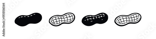 Set of Four Stylized Peanut Icons with Shell Texture, Food and Nut Symbols in Black and White