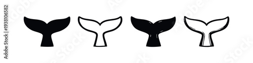 Set of Four Stylized Mermaid and Whale Tail Icons, Marine Life Symbols in Solid and Outline Style