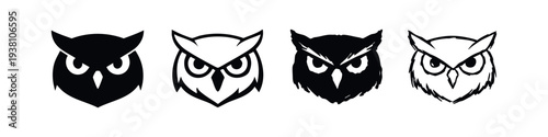 Collection of Stylized Owl Head Icons in Various Black and White Vector Styles.