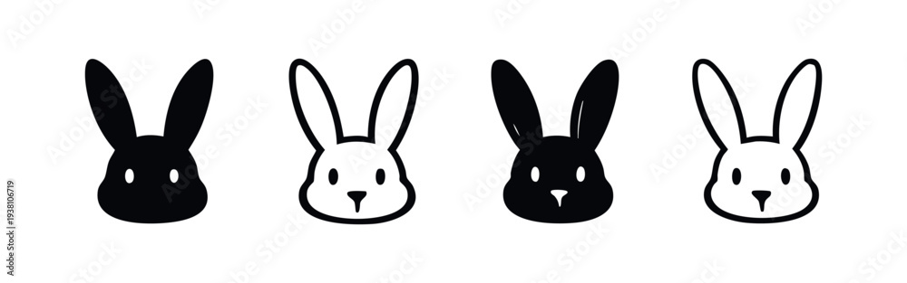 Obraz premium Cute Rabbit Head Icons Set - Front View Solid and Outline Vector Illustrations with Pointy Ears