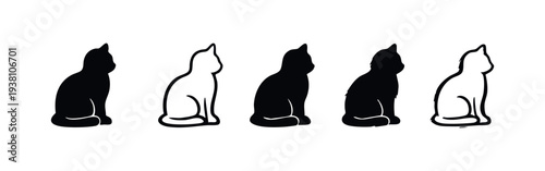Elegant Sitting Cat Vector Icon Collection. Black and White Domestic Feline Profile Illustrations.