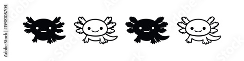 Adorable Axolotl Vector Icon Set. Cute Amphibian Animal Black and White Illustrations with Smile.