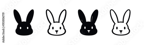 Cute Rabbit Head Icons Set - Front View Solid and Outline Vector Illustrations with Pointy Ears