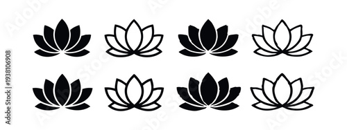 Multiple Lotus Flower Icons Collection, Yoga and Meditation Symbols, Botanical Purity Glyphs